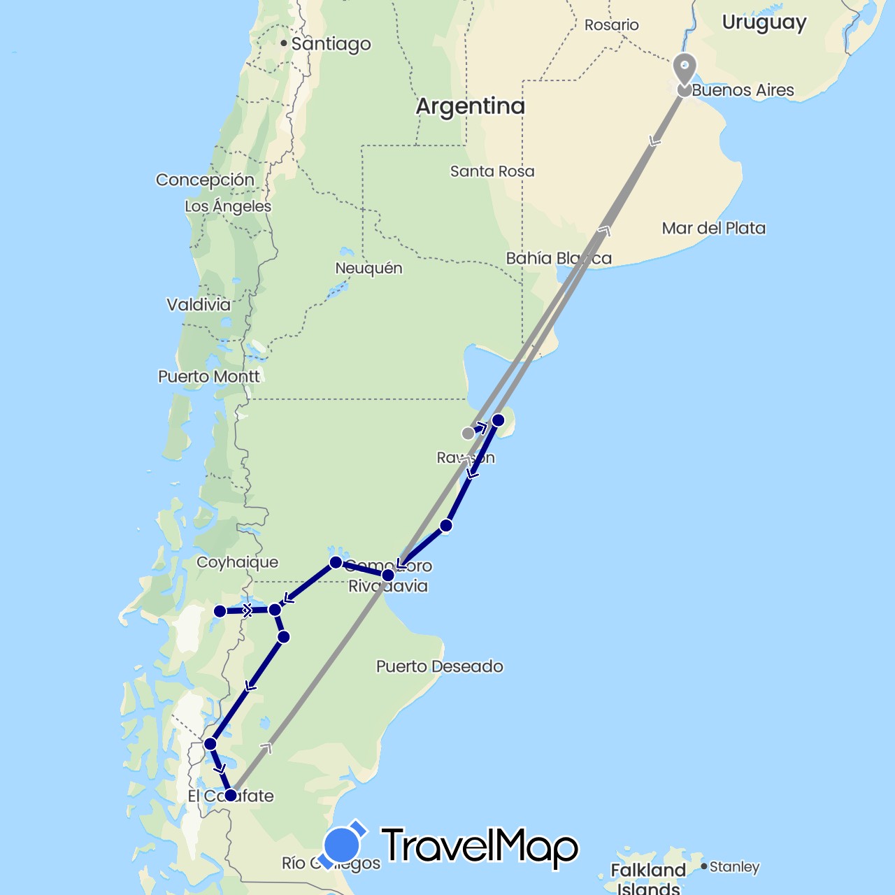TravelMap itinerary: driving, plane in Argentina, Chile (South America)