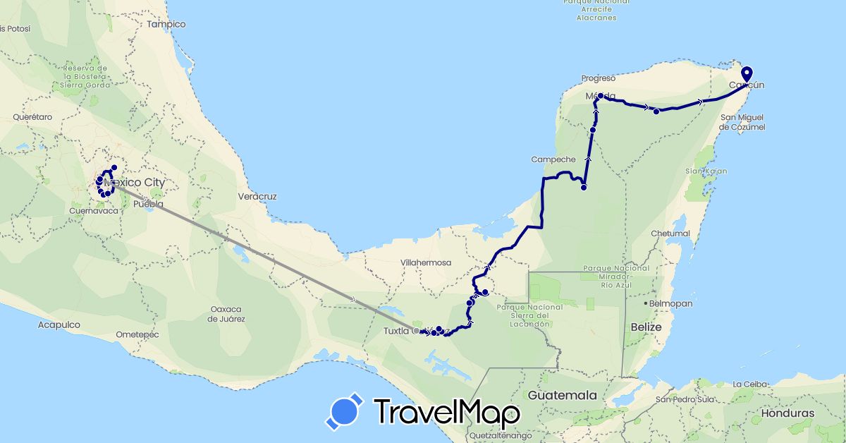 TravelMap itinerary: driving, plane in Mexico (North America)