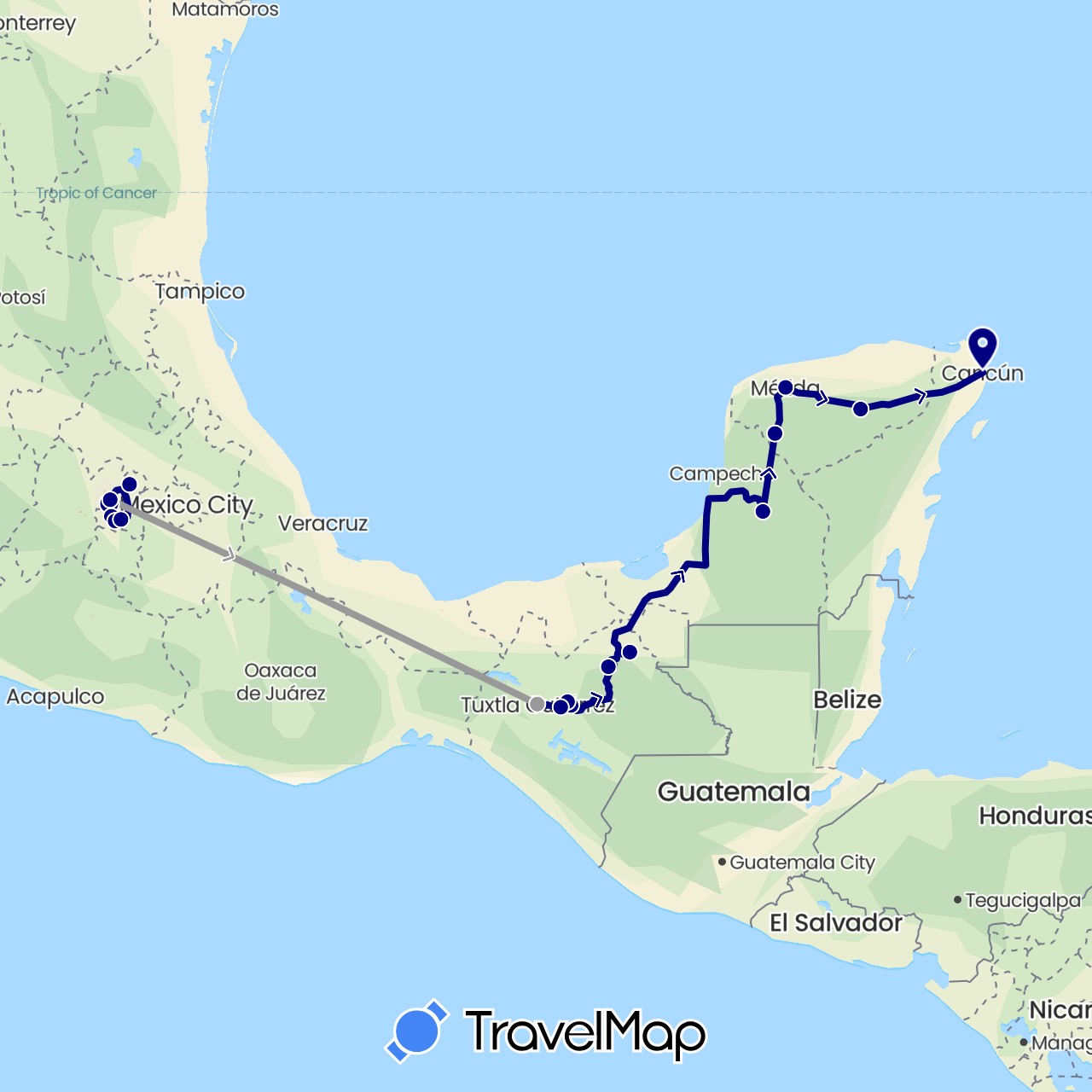 TravelMap itinerary: driving, plane in Mexico (North America)