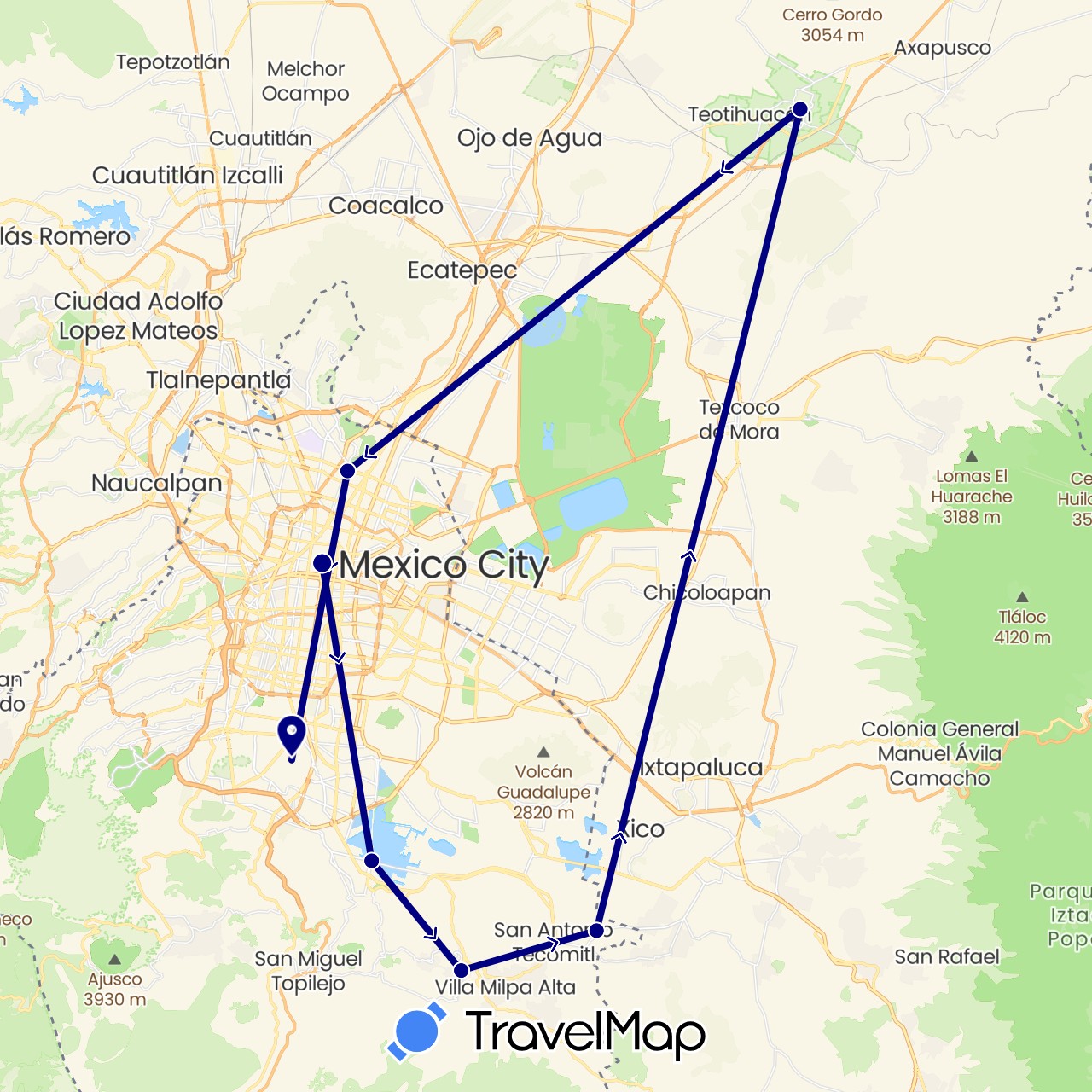 TravelMap itinerary: driving in Mexico (North America)