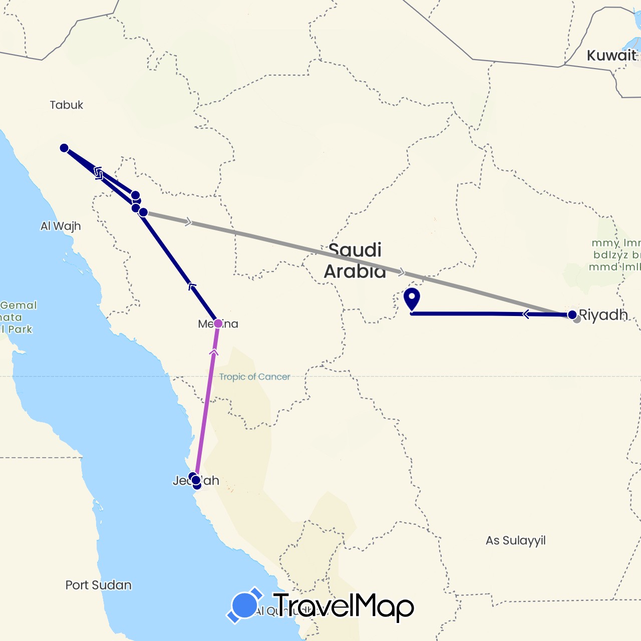 TravelMap itinerary: driving, plane, train in Saudi Arabia (Asia)