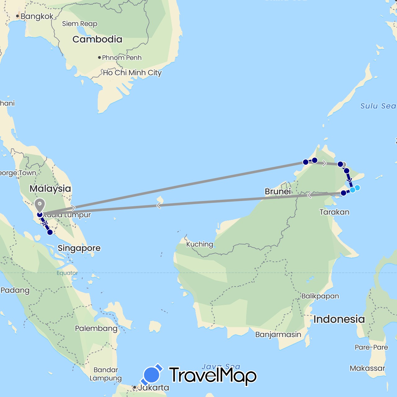 TravelMap itinerary: driving, plane, boat in Malaysia (Asia)