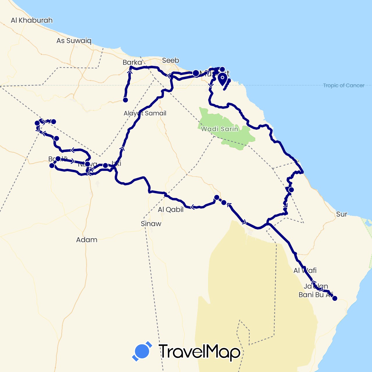 TravelMap itinerary: driving in Oman (Asia)