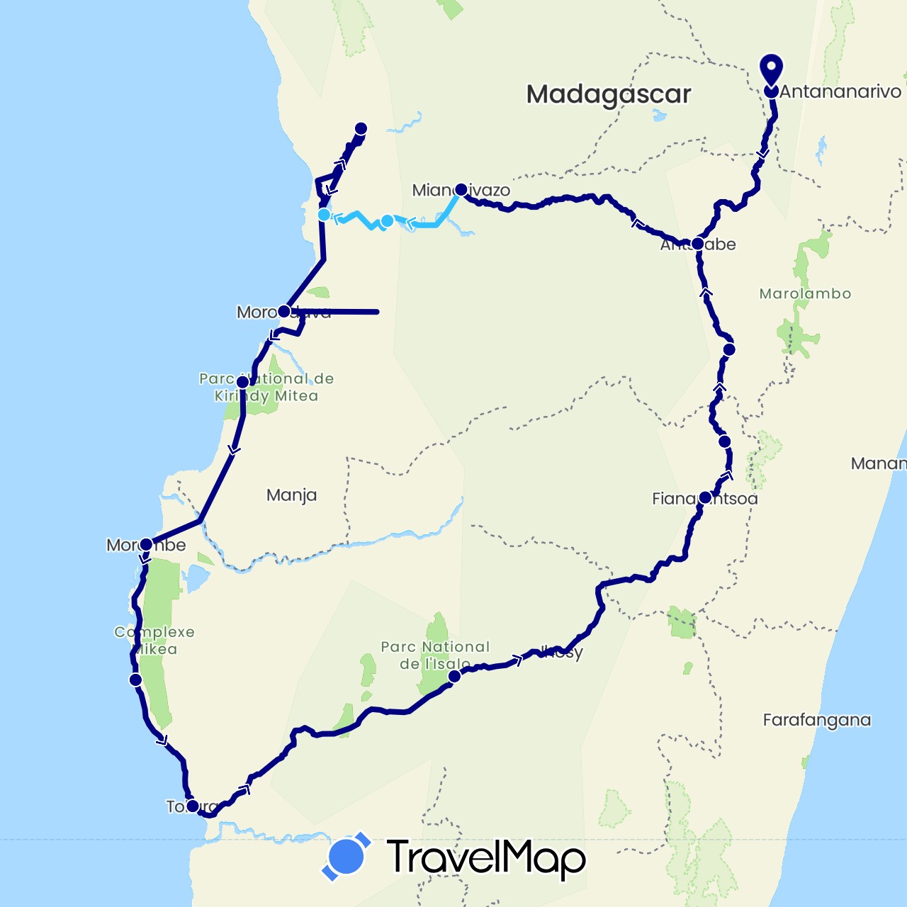 TravelMap itinerary: driving, boat in Madagascar (Africa)