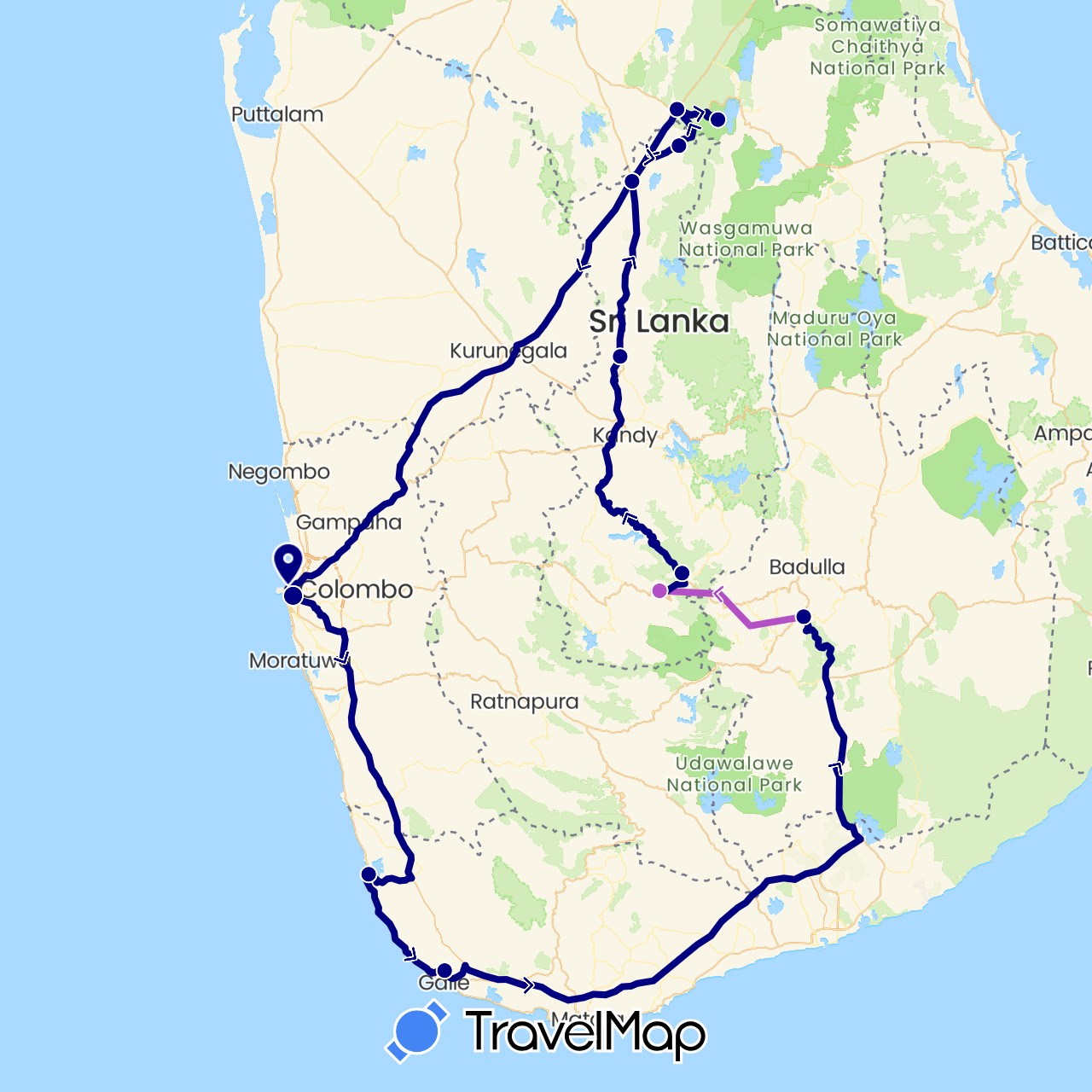 TravelMap itinerary: driving, train in Sri Lanka (Asia)