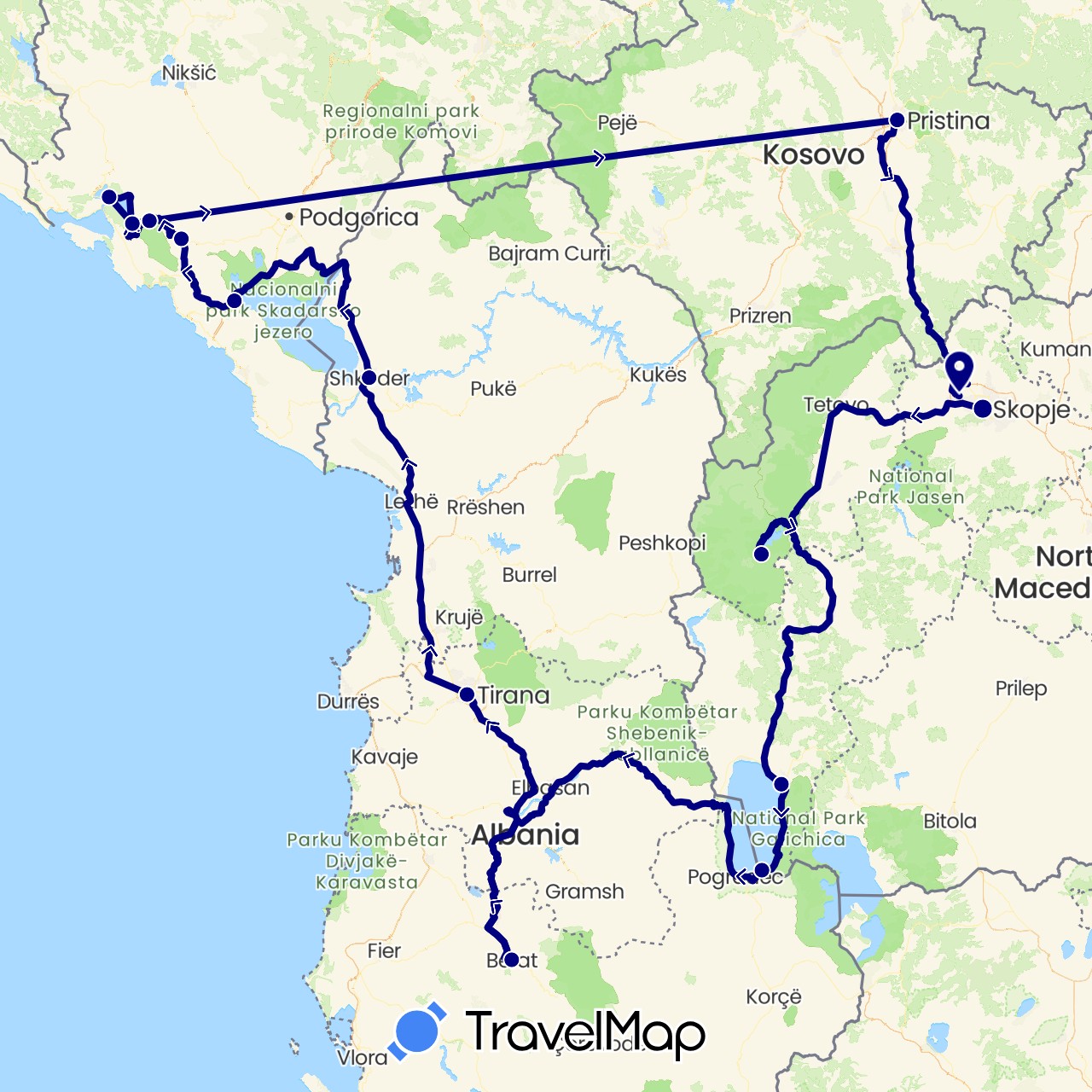 TravelMap itinerary: driving in Albania, Montenegro, Macedonia, Kosovo (Europe)