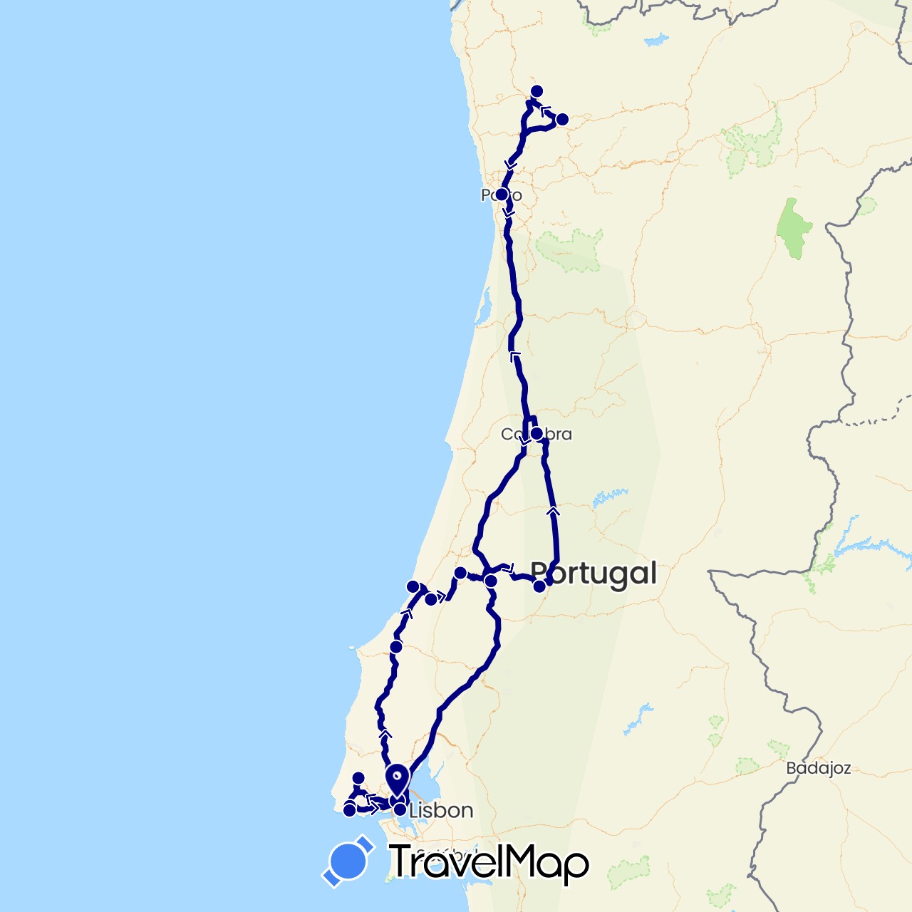 TravelMap itinerary: driving in Portugal (Europe)