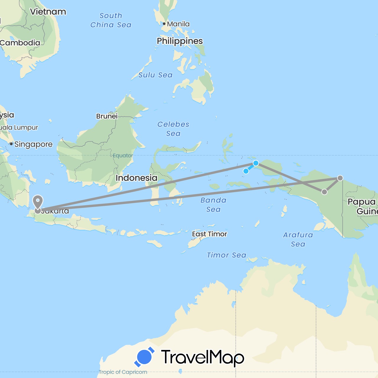 TravelMap itinerary: driving, plane, boat in Indonesia (Asia)