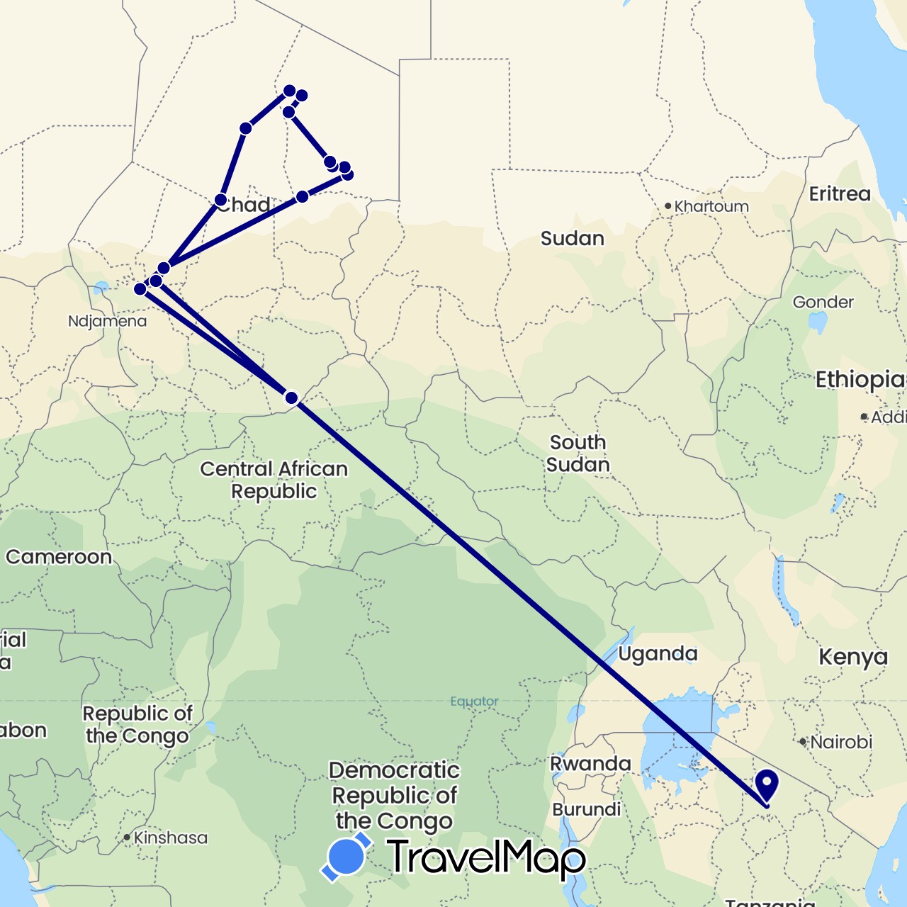 TravelMap itinerary: driving in Chad, Tanzania (Africa)