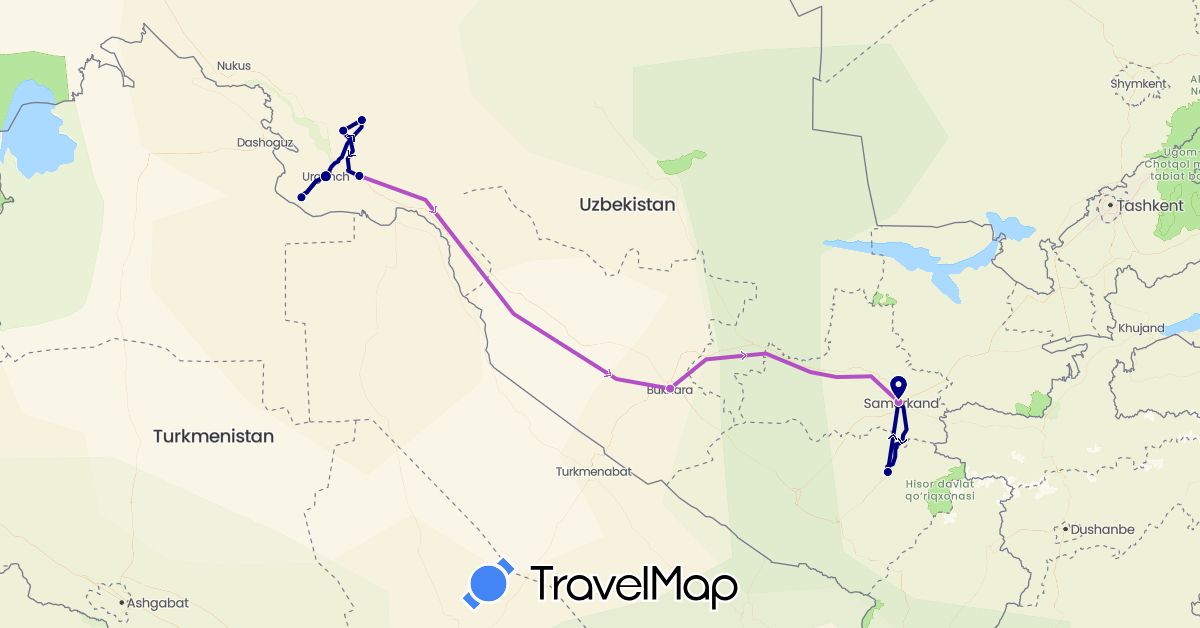 TravelMap itinerary: driving, train in Uzbekistan (Asia)
