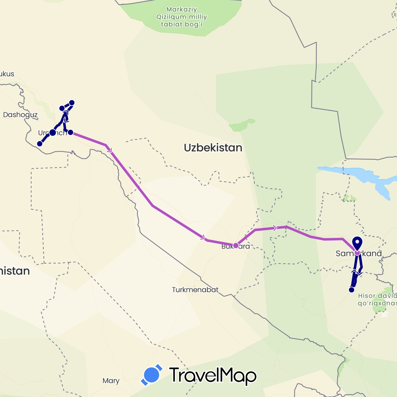 TravelMap itinerary: driving, train in Uzbekistan (Asia)