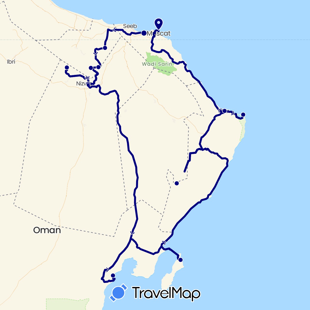 TravelMap itinerary: driving in Oman (Asia)
