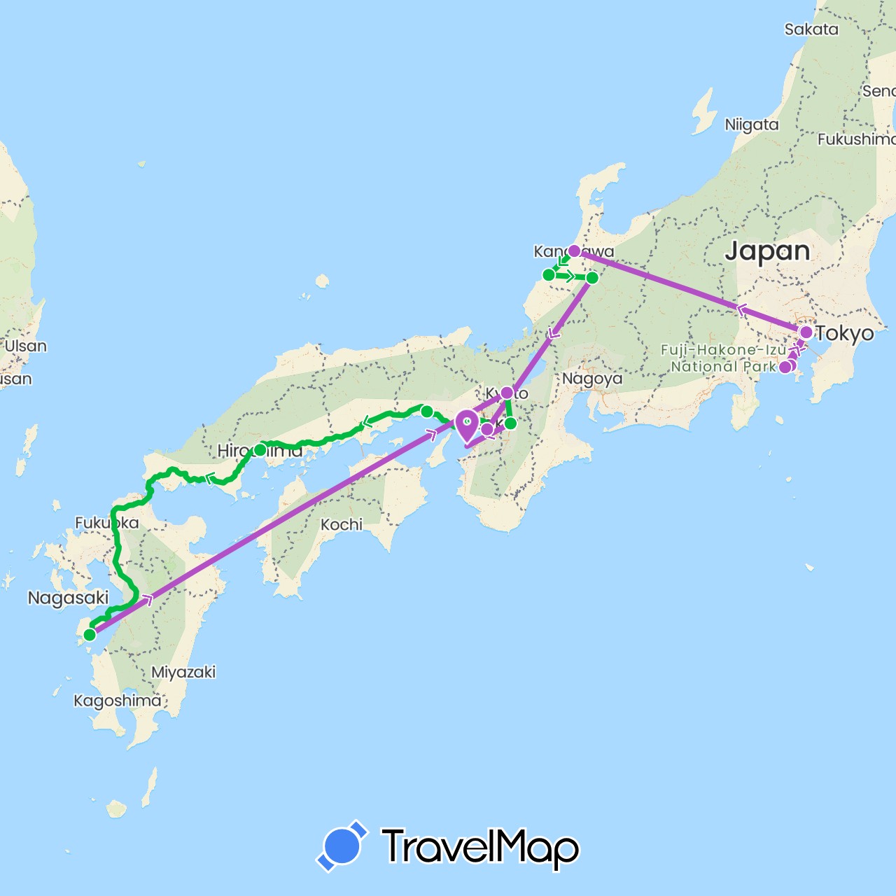 TravelMap itinerary: driving, bus, train in Japan (Asia)