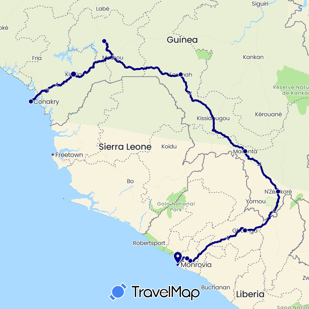 TravelMap itinerary: driving in Guinea, Liberia (Africa)