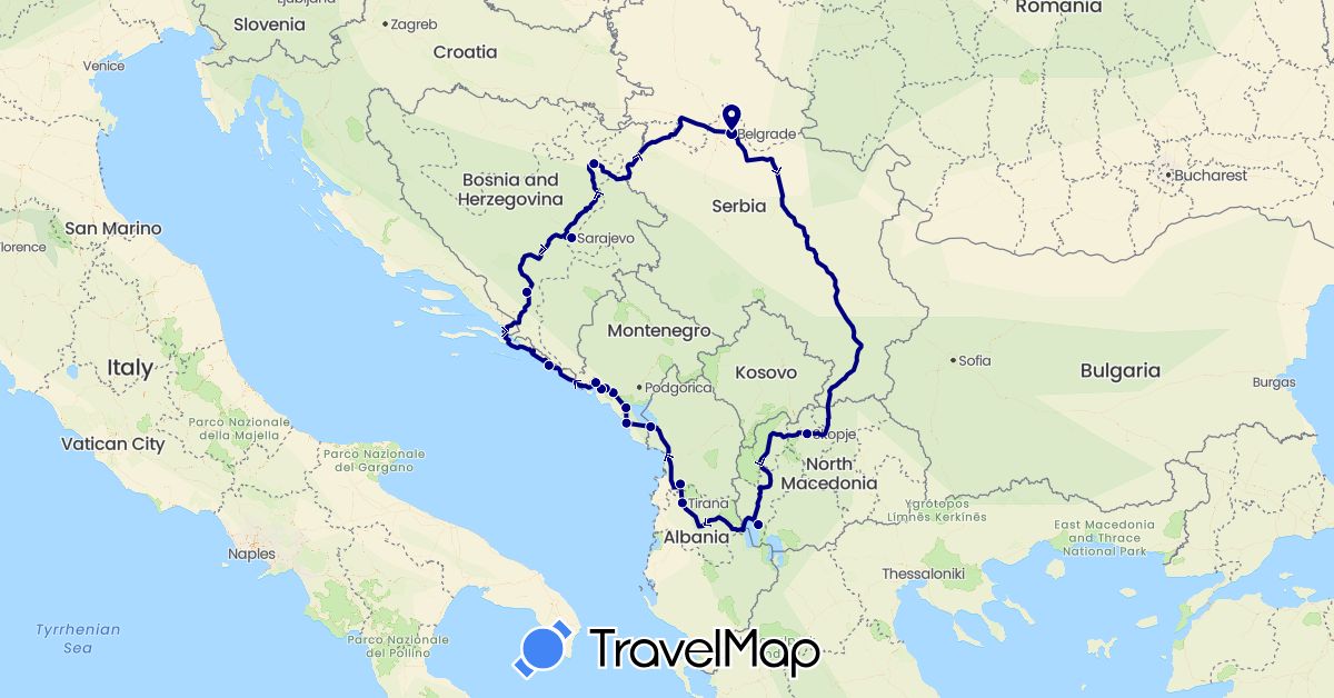 TravelMap itinerary: driving in Albania, Bosnia and Herzegovina, Croatia, Montenegro, Macedonia, Serbia (Europe)