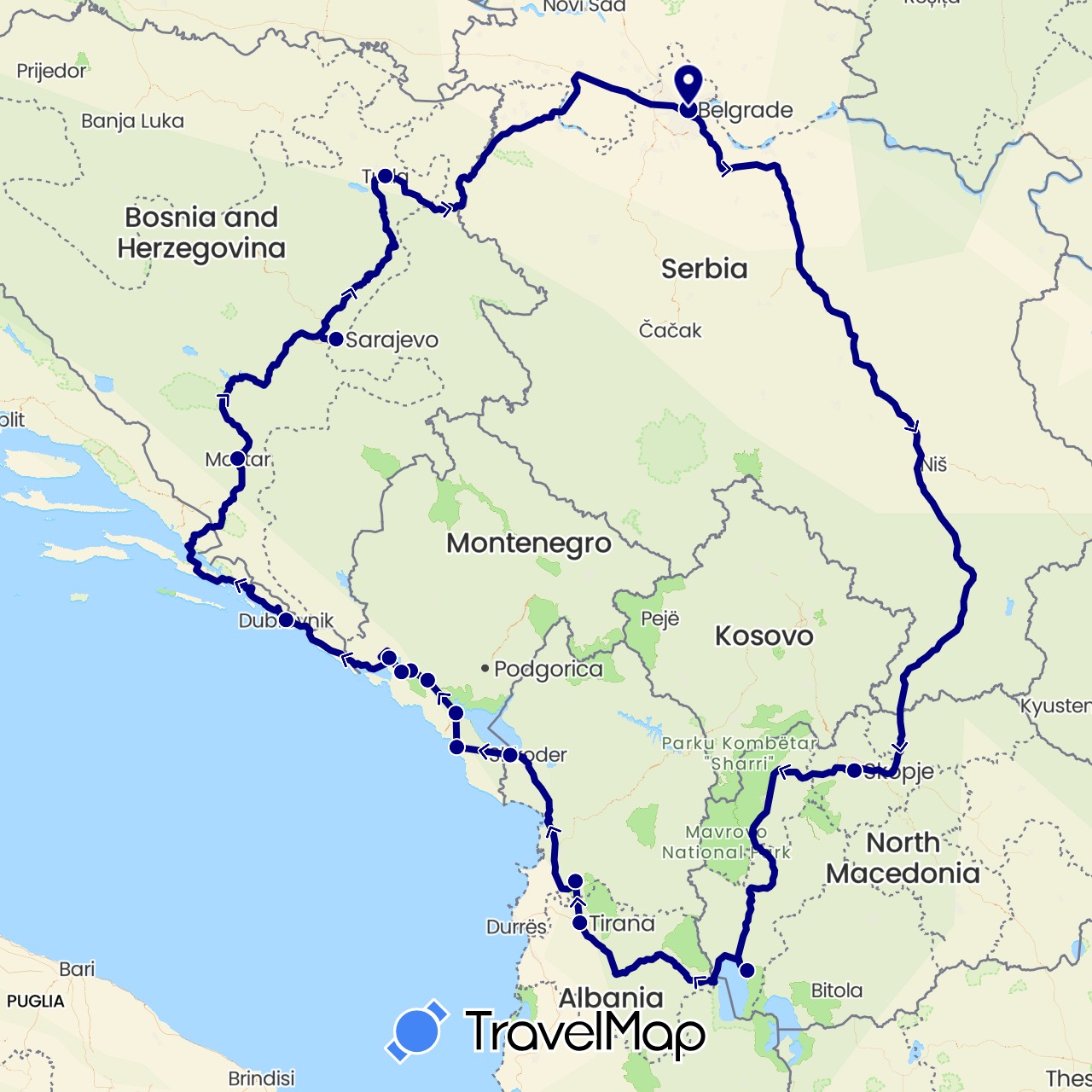 TravelMap itinerary: driving in Albania, Bosnia and Herzegovina, Croatia, Montenegro, Macedonia, Serbia (Europe)