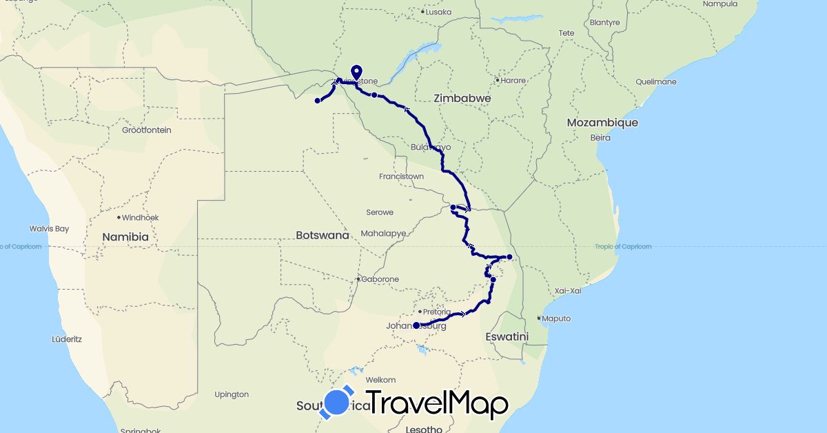 TravelMap itinerary: driving in Botswana, South Africa, Zimbabwe (Africa)