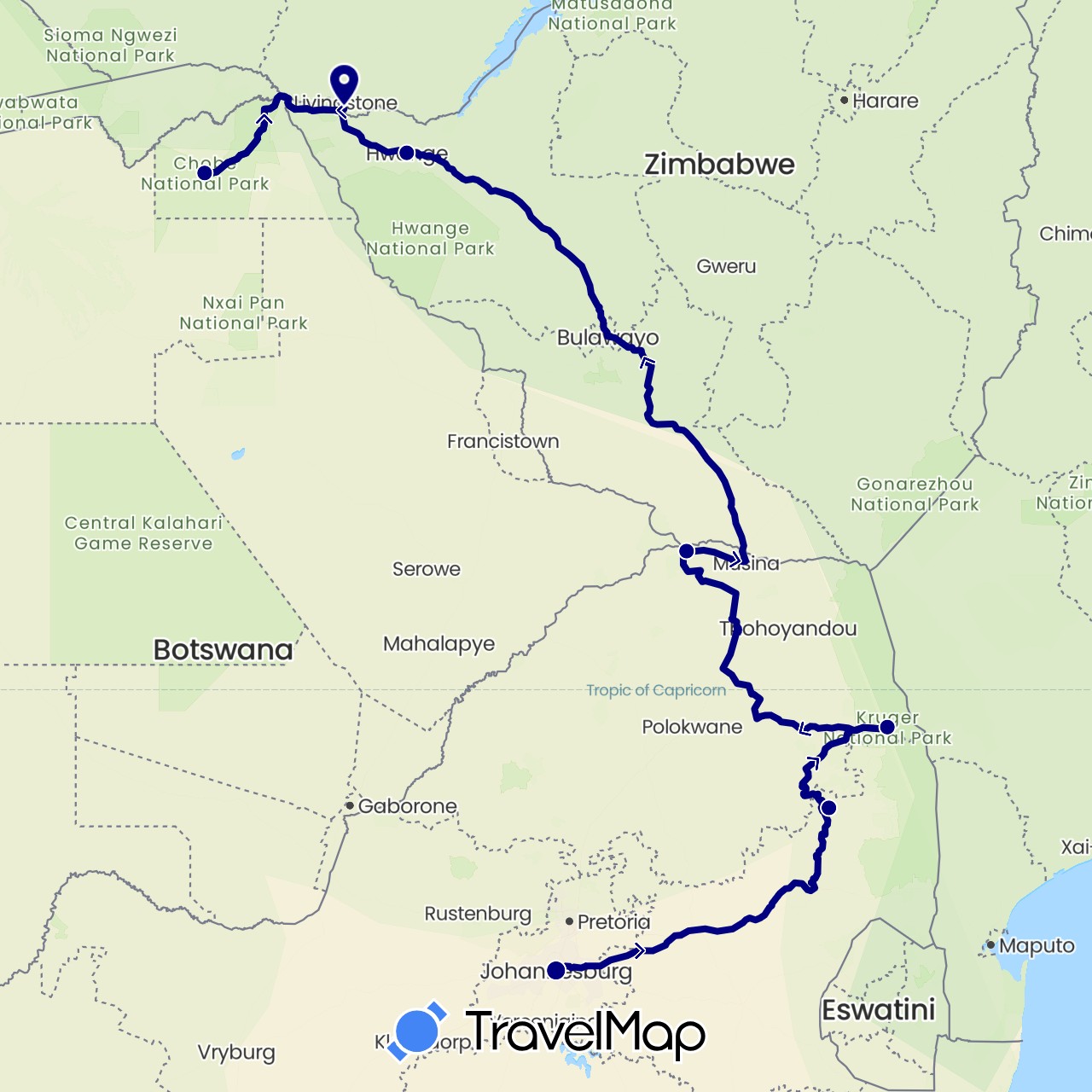 TravelMap itinerary: driving in Botswana, South Africa, Zimbabwe (Africa)
