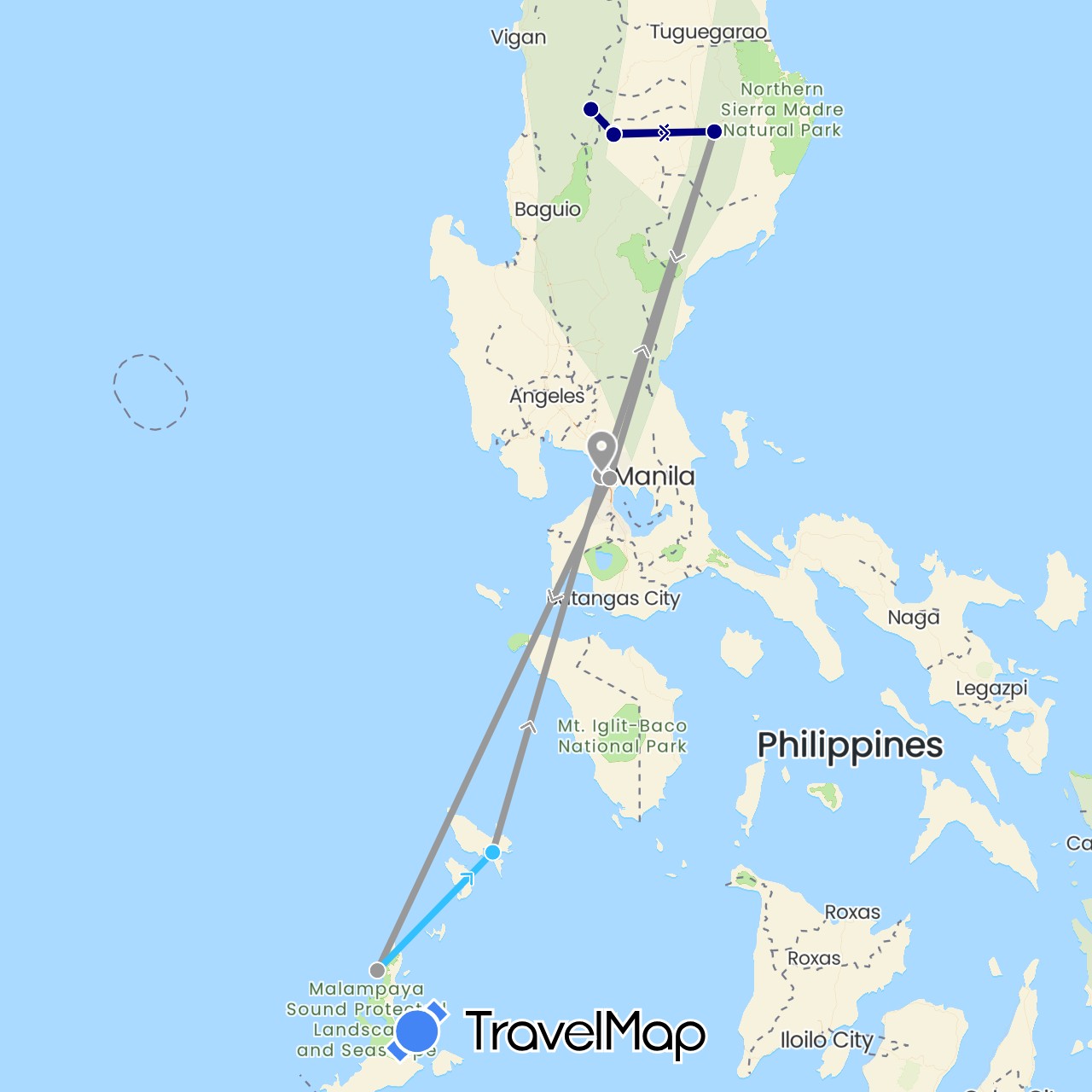 TravelMap itinerary: driving, plane, boat in Philippines (Asia)