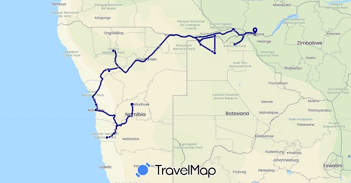 TravelMap itinerary: driving in Botswana, Namibia, Zimbabwe (Africa)
