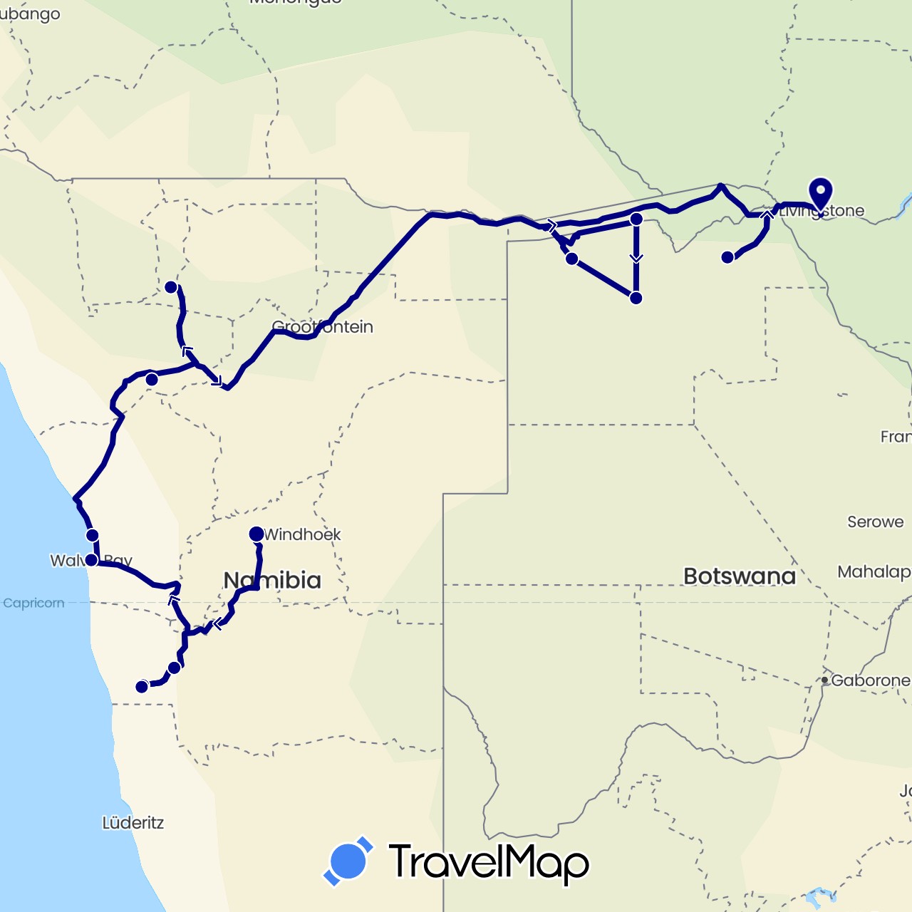 TravelMap itinerary: driving in Botswana, Namibia, Zimbabwe (Africa)