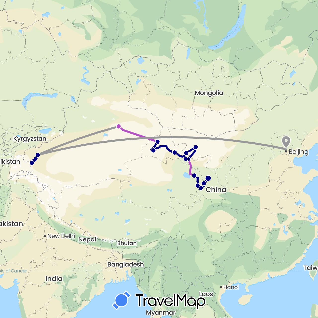 TravelMap itinerary: driving, plane, train in China (Asia)