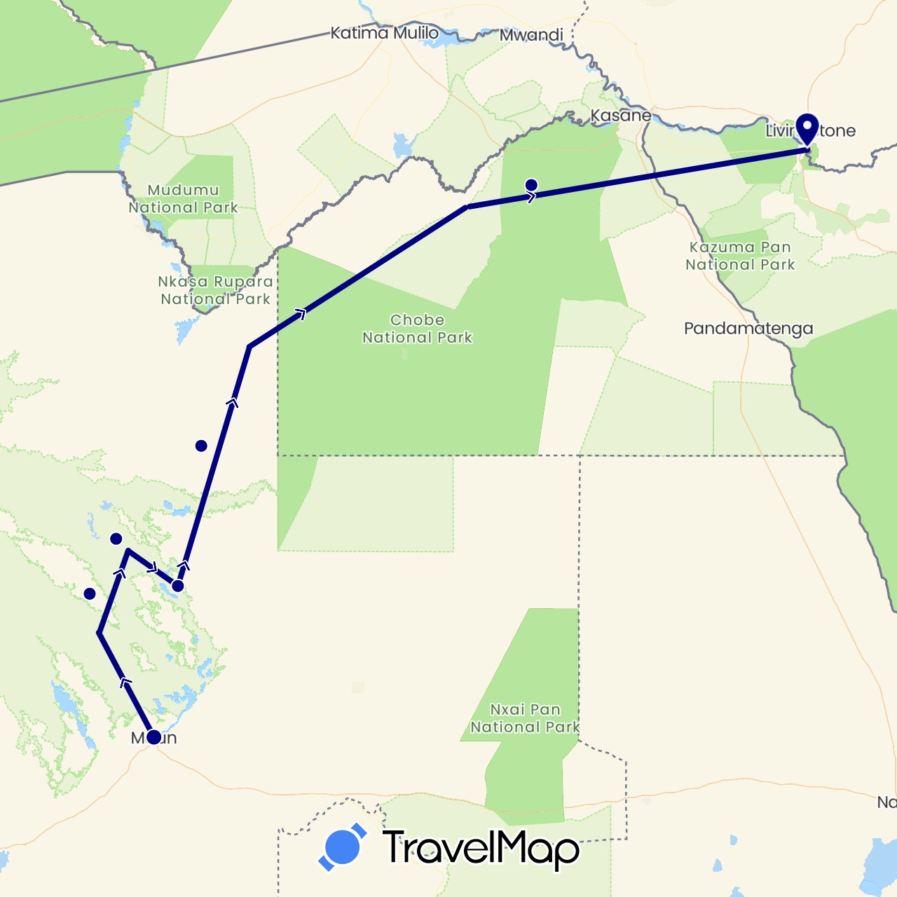TravelMap itinerary: driving in Botswana, Zimbabwe (Africa)