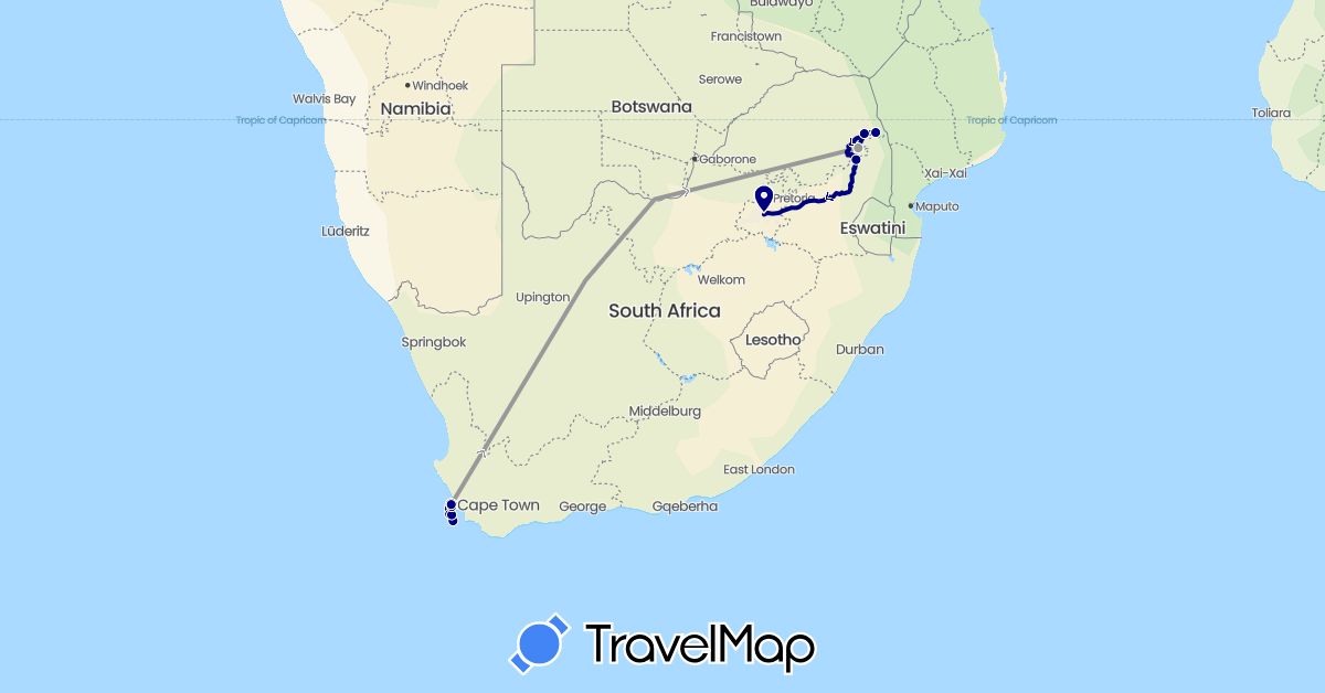 TravelMap itinerary: driving, plane in South Africa (Africa)
