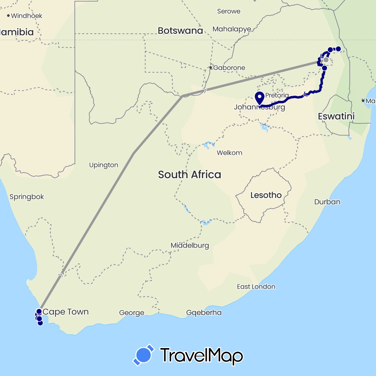 TravelMap itinerary: driving, plane in South Africa (Africa)