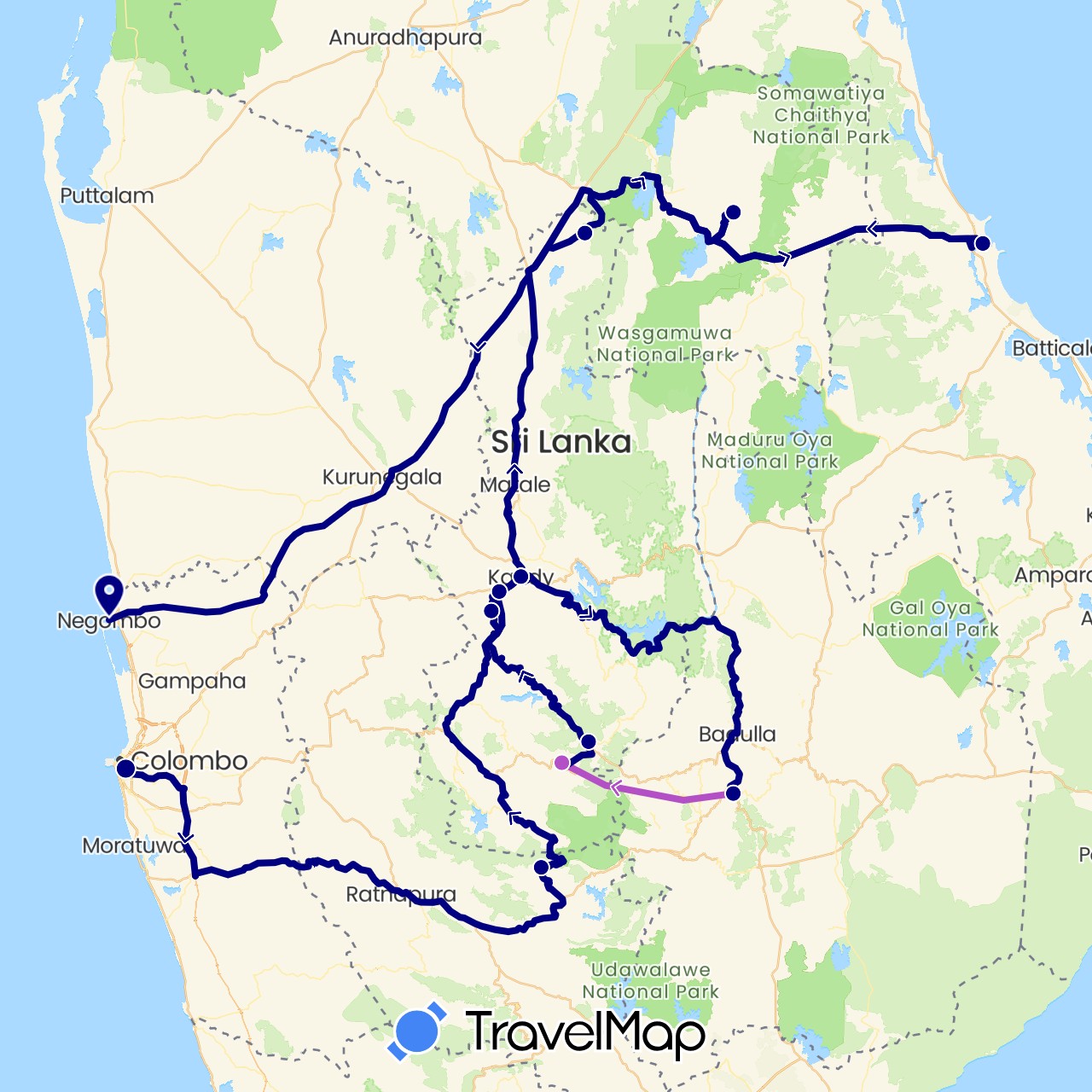 TravelMap itinerary: driving, train in Sri Lanka (Asia)