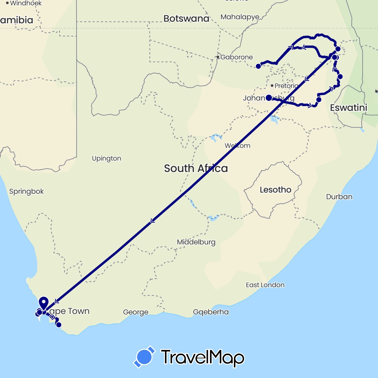 TravelMap itinerary: driving in South Africa (Africa)