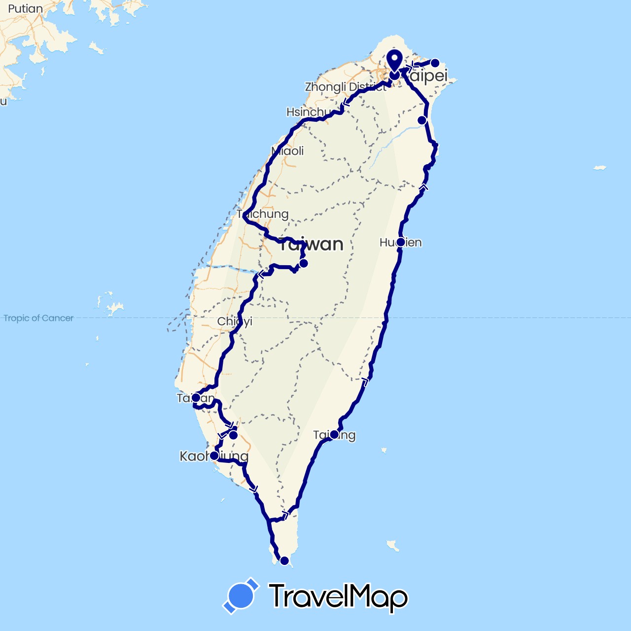 TravelMap itinerary: driving in Taiwan (Asia)