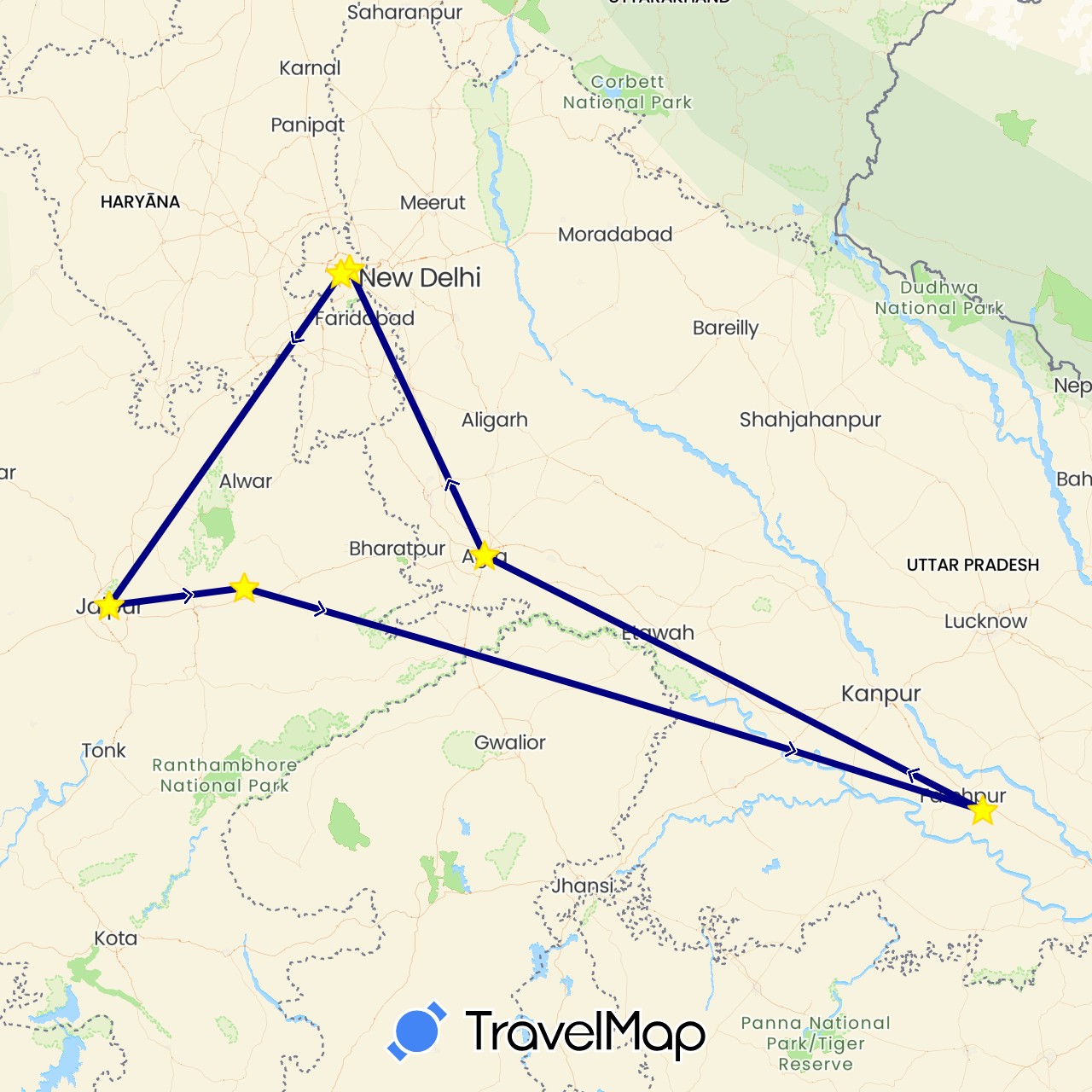 TravelMap itinerary: driving in India (Asia)