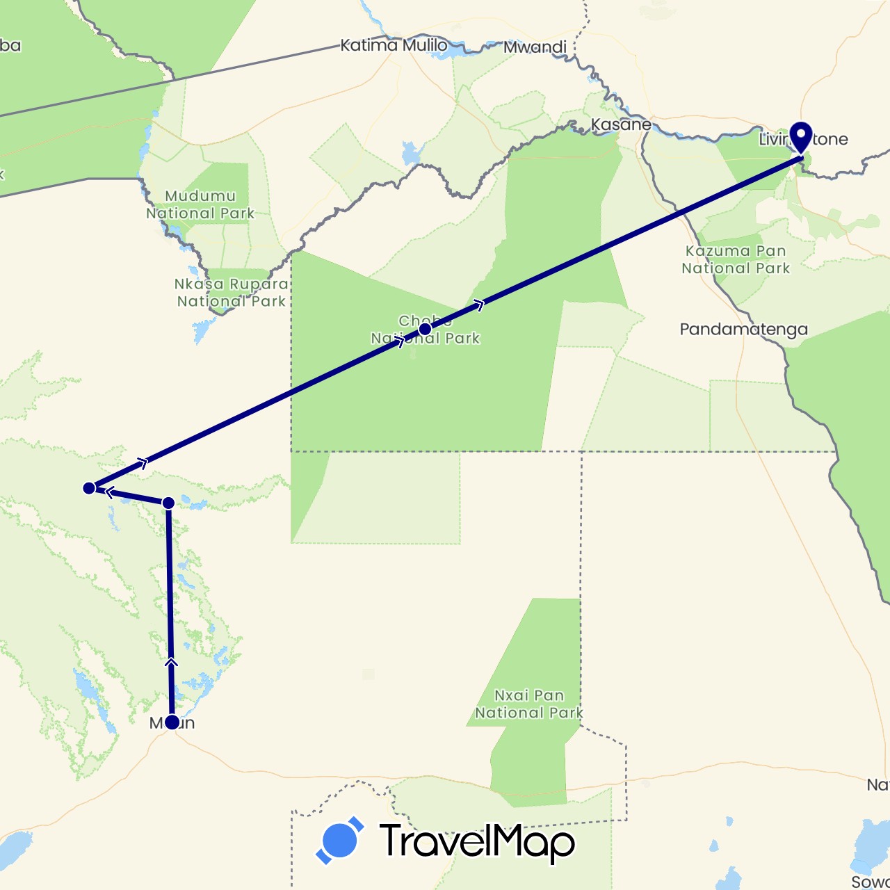 TravelMap itinerary: driving in Botswana, Zimbabwe (Africa)