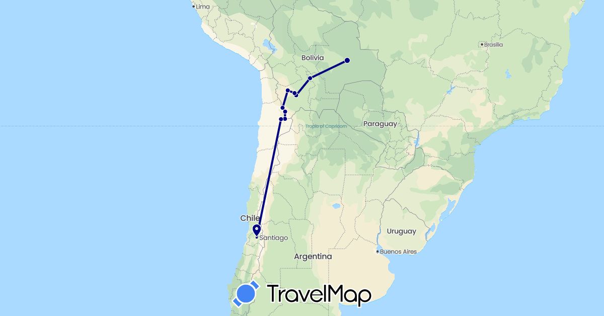TravelMap itinerary: driving in Bolivia, Chile (South America)