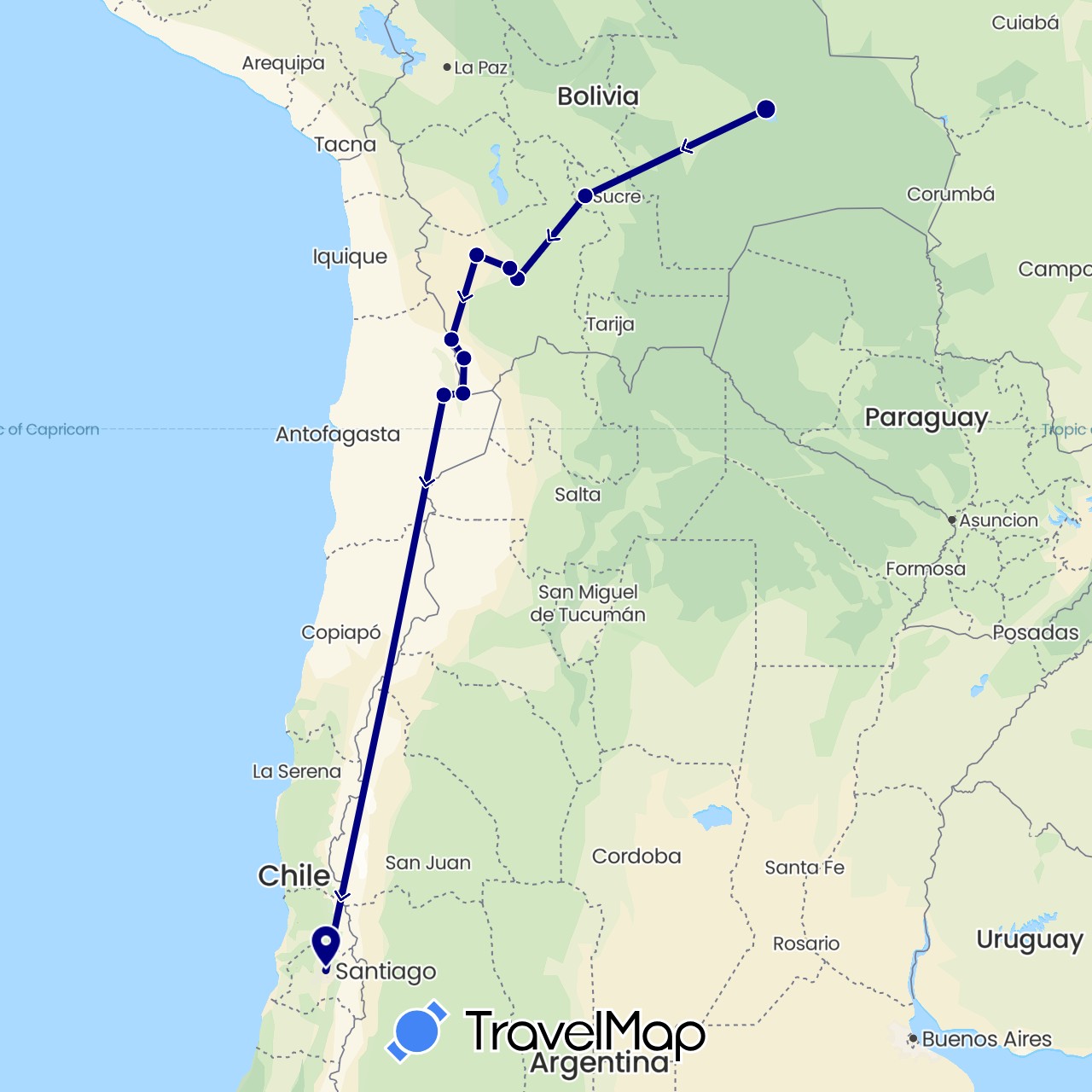TravelMap itinerary: driving in Bolivia, Chile (South America)