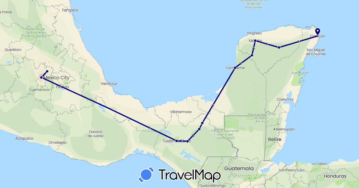 TravelMap itinerary: driving in Mexico (North America)