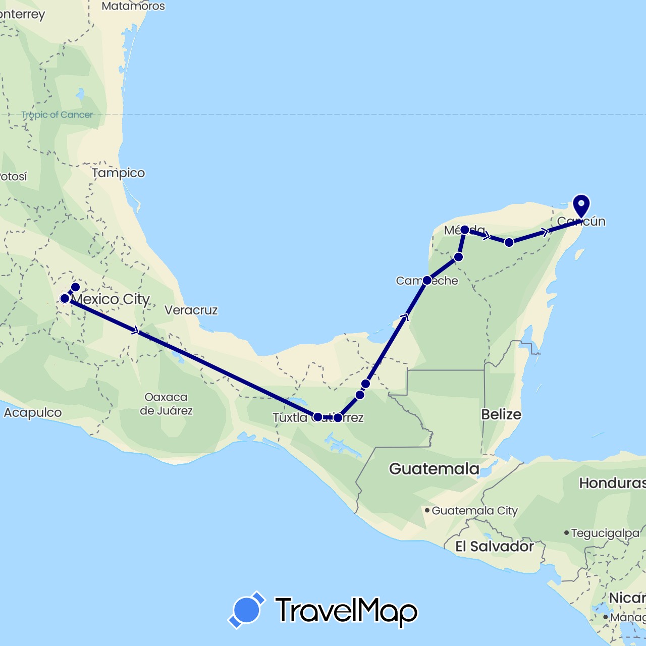 TravelMap itinerary: driving in Mexico (North America)