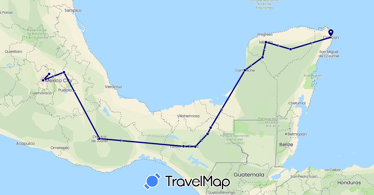 TravelMap itinerary: driving in Mexico (North America)