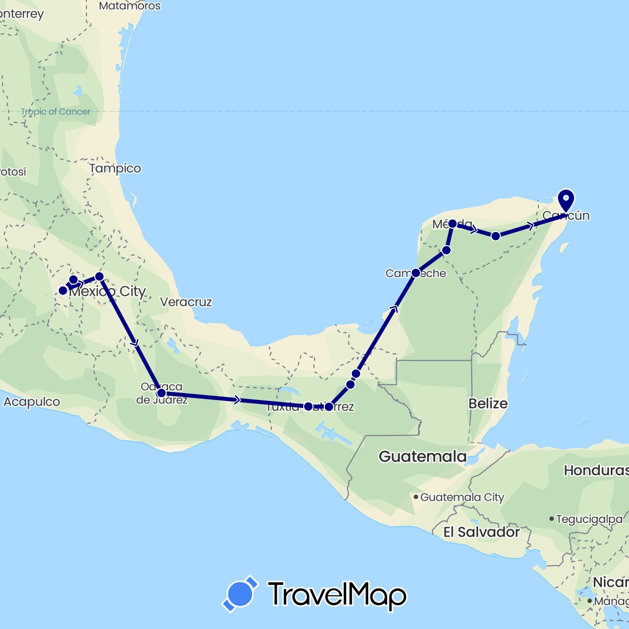 TravelMap itinerary: driving in Mexico (North America)
