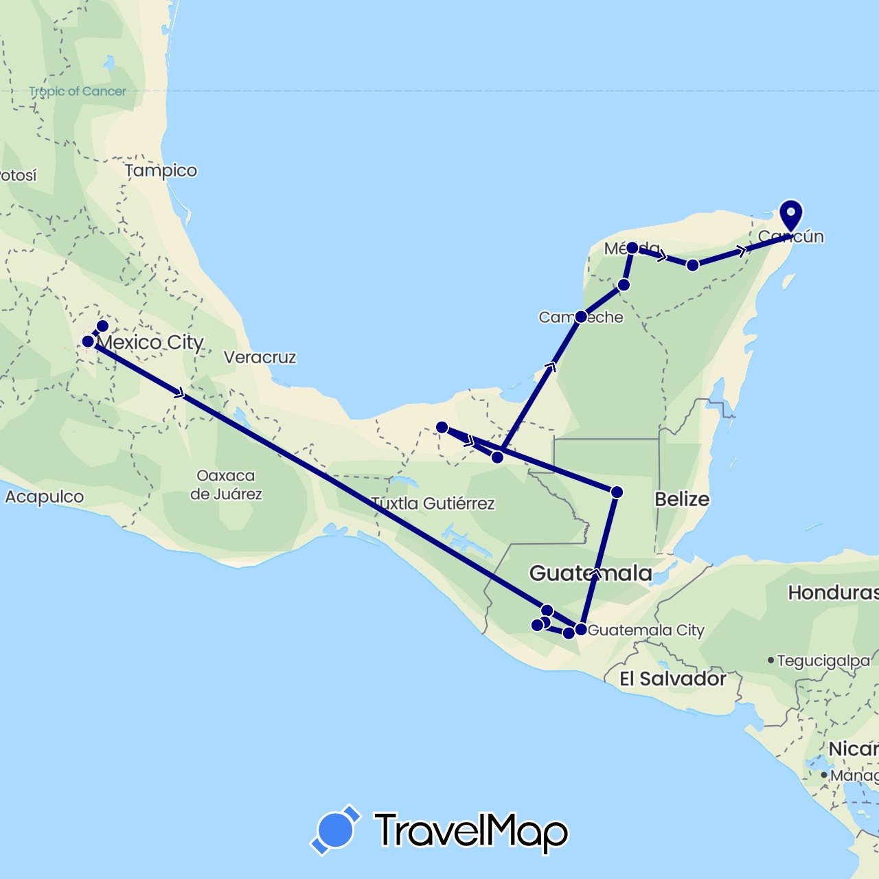 TravelMap itinerary: driving in Guatemala, Mexico (North America)