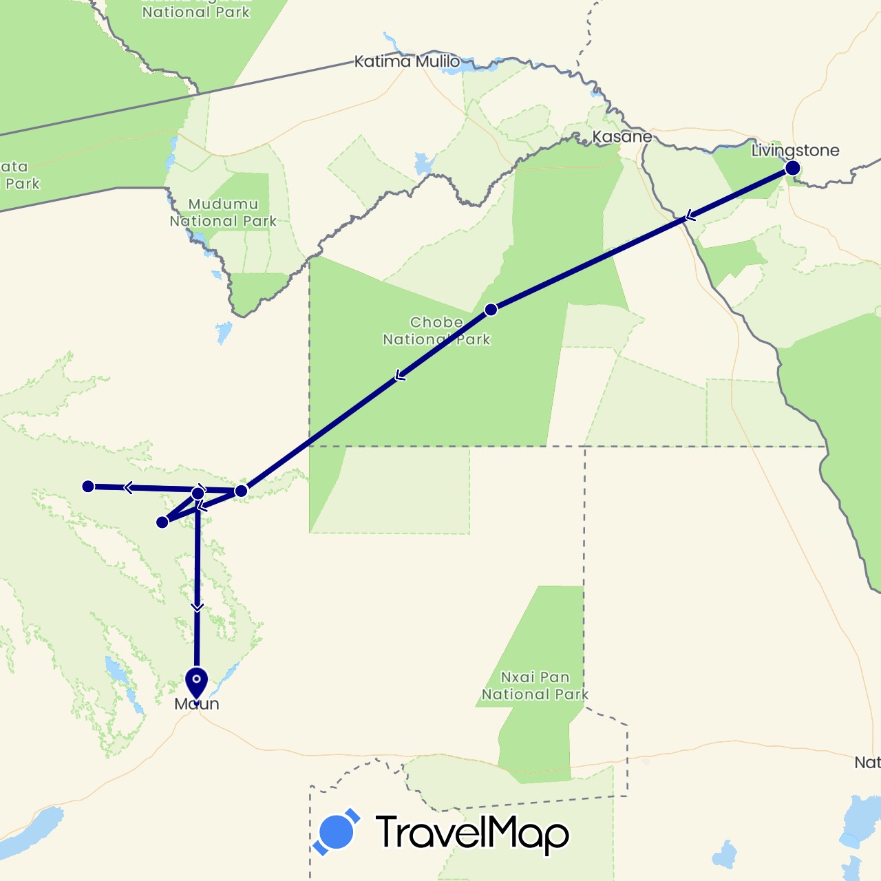 TravelMap itinerary: driving in Botswana, Zimbabwe (Africa)
