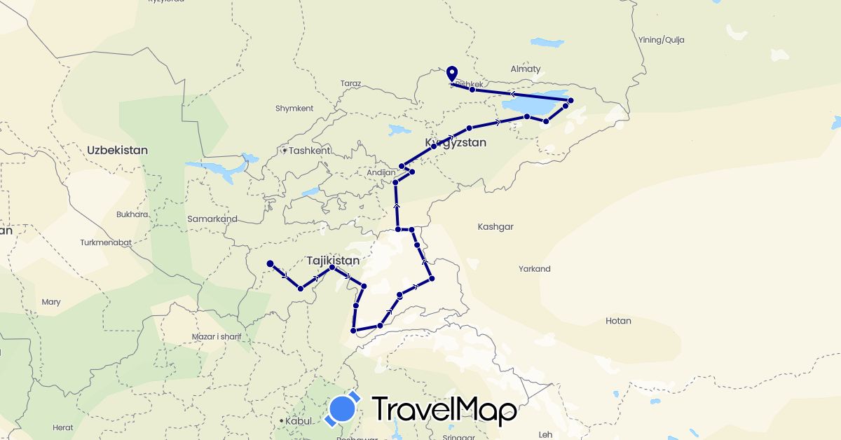 TravelMap itinerary: driving in Afghanistan, Kyrgyzstan, Tajikistan (Asia)