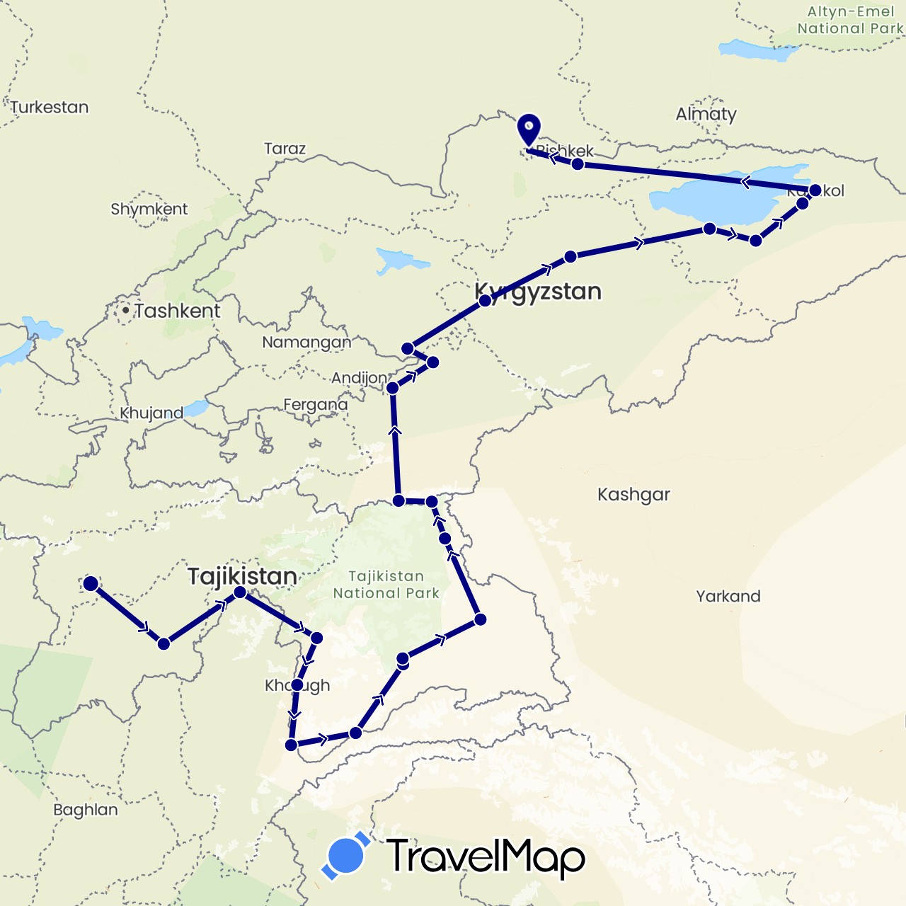 TravelMap itinerary: driving in Afghanistan, Kyrgyzstan, Tajikistan (Asia)