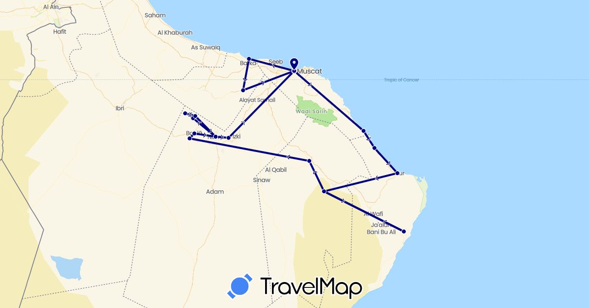 TravelMap itinerary: driving in Oman (Asia)