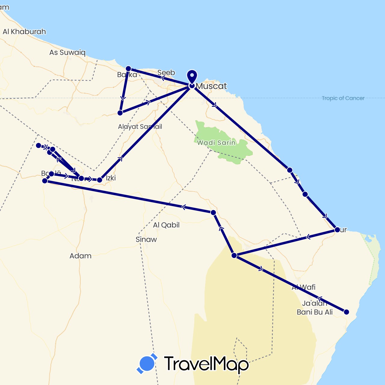 TravelMap itinerary: driving in Oman (Asia)