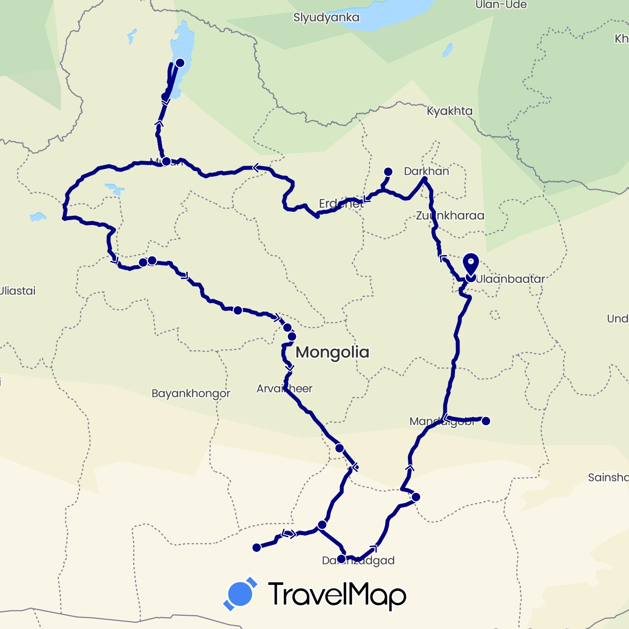 TravelMap itinerary: driving in Mongolia (Asia)