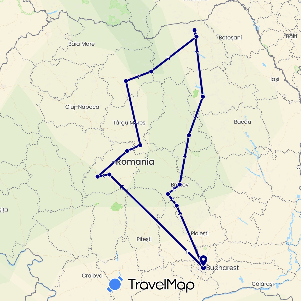 TravelMap itinerary: driving in Romania (Europe)