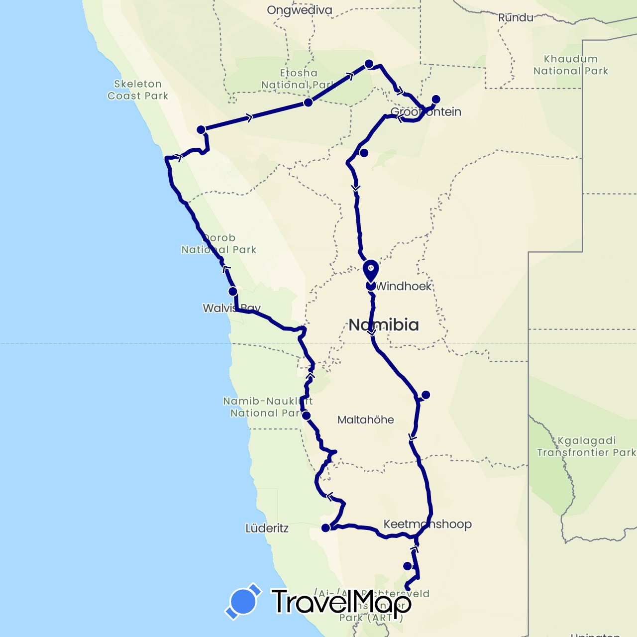 TravelMap itinerary: driving in Namibia (Africa)