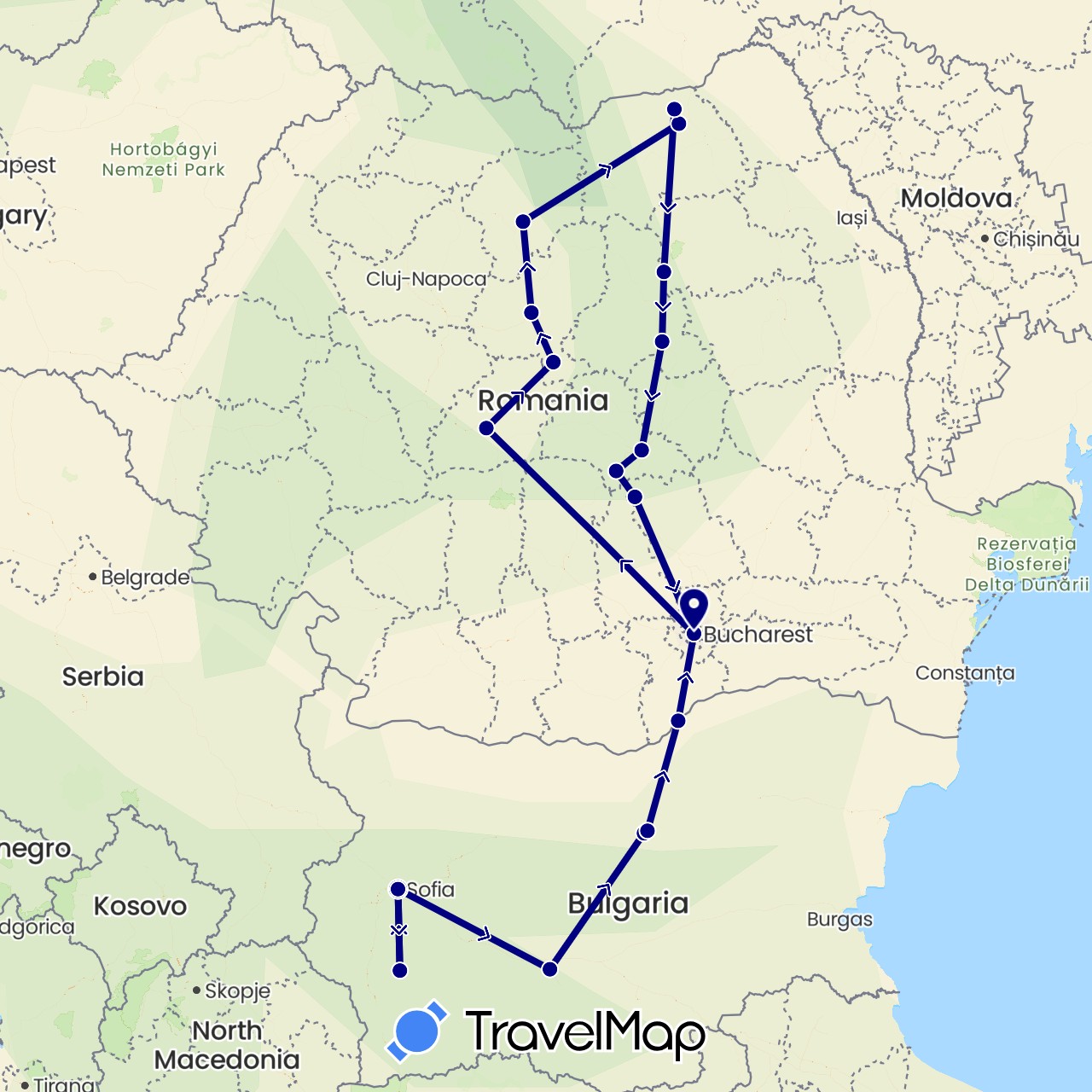 TravelMap itinerary: driving in Bulgaria, Romania (Europe)